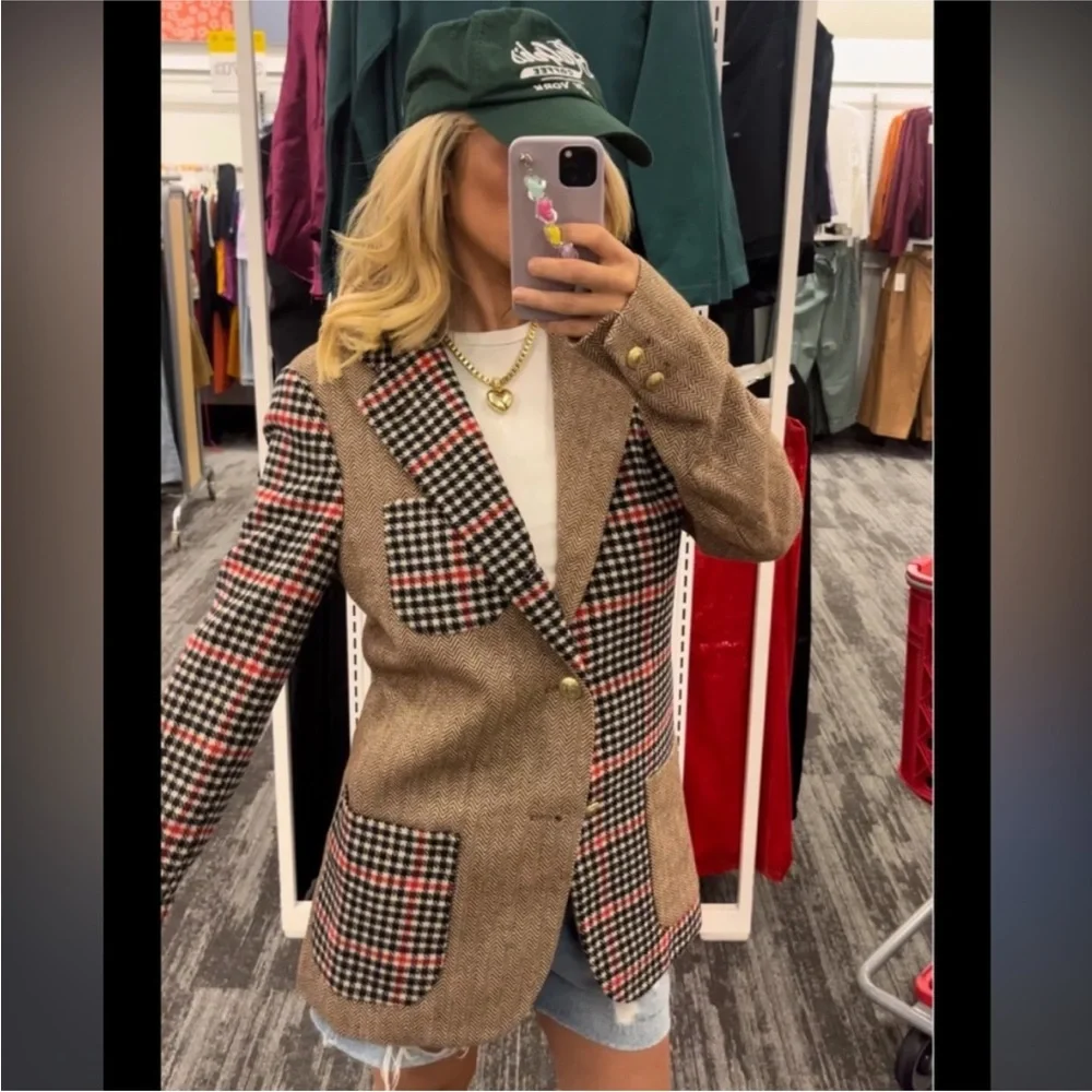 Rowing Blazers Brown, Black & Red Mixed Plaid Patchwork Blazer - Picture 2 of 15